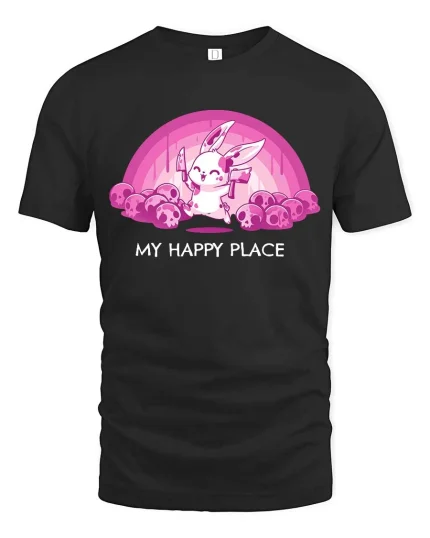 Cute Bunny My Happy Place T-Shirt Kawaii Dark Humor Tee - black t-shirt on white background