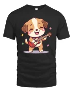 Cute Guitar Dog T-Shirt Funny Music Puppy Cartoon Tee - black t-shirt on white background
