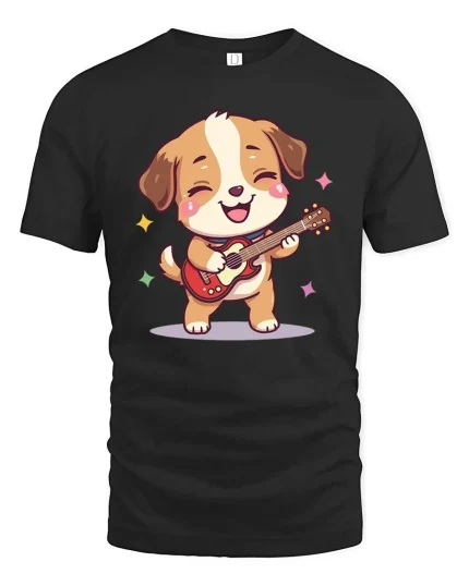 Cute Guitar Dog T-Shirt Funny Music Puppy Cartoon Tee - black t-shirt on white background