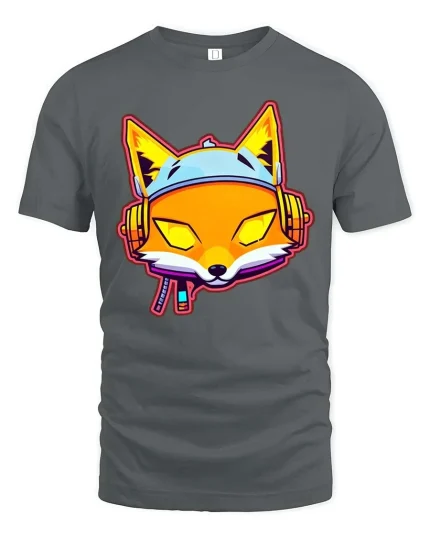 Neon Fox DJ Headphones T-Shirt Retro Streetwear Style - gray t-shirt on white background