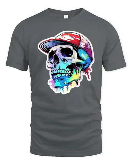 Colorful Skull Streetwear T-Shirt Urban Graffiti Style - gray t-shirt on white background