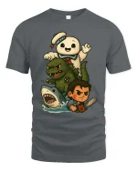 Retro Monster Mash Cartoon T-Shirt Funny Horror Icons - gray t-shirt on white background