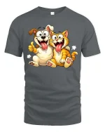 Funny Dog And Cat Best Friends Cartoon T-Shirt Cute Gift - gray t-shirt on white background