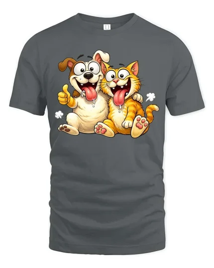 Funny Dog And Cat Best Friends Cartoon T-Shirt Cute Gift - gray t-shirt on white background