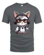 Cute DJ Cat Headphones T-Shirt Funny Music Lover Tee - gray t-shirt on white background