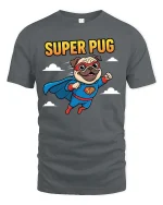 Super Pug Flying Hero Cartoon T-Shirt Funny Dog Lovers - gray t-shirt on white background