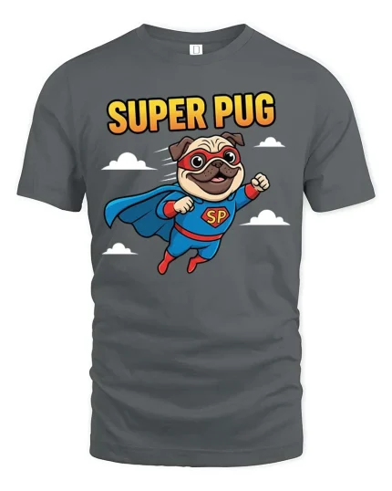 Super Pug Flying Hero Cartoon T-Shirt Funny Dog Lovers - gray t-shirt on white background
