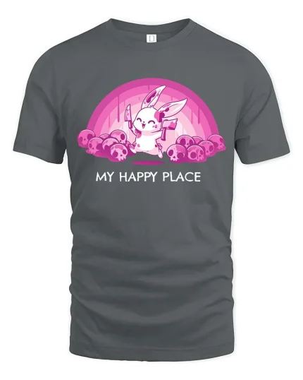 Cute Bunny My Happy Place T-Shirt Kawaii Dark Humor Tee - gray t-shirt on white background