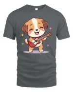 Cute Guitar Dog T-Shirt Funny Music Puppy Cartoon Tee - gray t-shirt on white background
