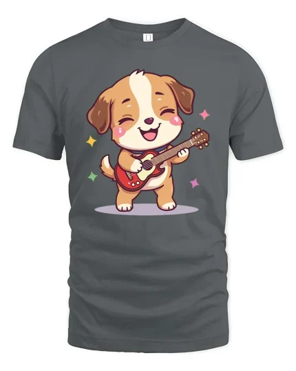 Cute Guitar Dog T-Shirt Funny Music Puppy Cartoon Tee - gray t-shirt on white background