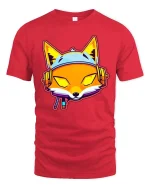 Neon Fox DJ Headphones T-Shirt Retro Streetwear Style - red t-shirt on white background
