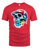 Colorful Skull Streetwear T-Shirt Urban Graffiti Style - red t-shirt on white background