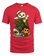 Retro Monster Mash Cartoon T-Shirt Funny Horror Icons - red t-shirt on white background