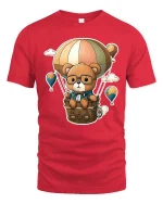 Cute Bear Balloon Adventure T-Shirt Cartoon Travel Tee - red t-shirt on white background