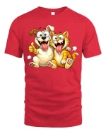 Funny Dog And Cat Best Friends Cartoon T-Shirt Cute Gift - red t-shirt on white background
