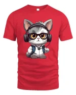 Cute DJ Cat Headphones T-Shirt Funny Music Lover Tee - red t-shirt on white background