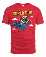 Super Pug Flying Hero Cartoon T-Shirt Funny Dog Lovers - red t-shirt on white background