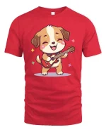 Cute Guitar Dog T-Shirt Funny Music Puppy Cartoon Tee - red t-shirt on white background