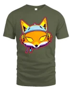 Neon Fox DJ Headphones T-Shirt Retro Streetwear Style - military green t-shirt on white background