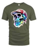 Colorful Skull Streetwear T-Shirt Urban Graffiti Style - military green t-shirt on white background