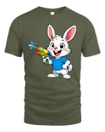 Cute Bunny Water Gun T-Shirt Funny Summer Animal Tee - military green t-shirt on white background