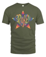 Broken Star Graphic T-Shirt Colorful Retro Streetwear - military green t-shirt on white background