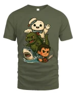 Retro Monster Mash Cartoon T-Shirt Funny Horror Icons - military green t-shirt on white background