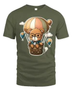 Cute Bear Balloon Adventure T-Shirt Cartoon Travel Tee - military green t-shirt on white background