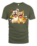 Funny Dog And Cat Best Friends Cartoon T-Shirt Cute Gift - military green t-shirt on white background