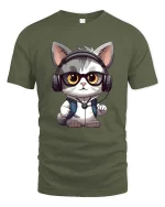Cute DJ Cat Headphones T-Shirt Funny Music Lover Tee - military green t-shirt on white background