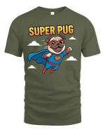 Super Pug Flying Hero Cartoon T-Shirt Funny Dog Lovers - military green t-shirt on white background