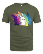 Cute Rainbow Bunny T-Shirt Colorful Kawaii Animal Tee - military green t-shirt on white background