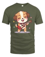 Cute Guitar Dog T-Shirt Funny Music Puppy Cartoon Tee - military green t-shirt on white background