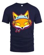Neon Fox DJ Headphones T-Shirt Retro Streetwear Style - navy t-shirt on white background