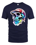 Colorful Skull Streetwear T-Shirt Urban Graffiti Style - navy t-shirt on white background