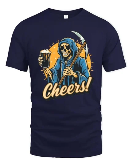 Funny Grim Reaper Cheers Beer T-Shirt Dark Humor Tee - navy t-shirt on white background
