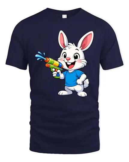 Cute Bunny Water Gun T-Shirt Funny Summer Animal Tee - navy t-shirt on white background