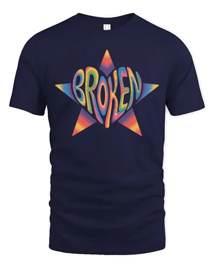 Broken Star Graphic T-Shirt Colorful Retro Streetwear - navy t-shirt on white background