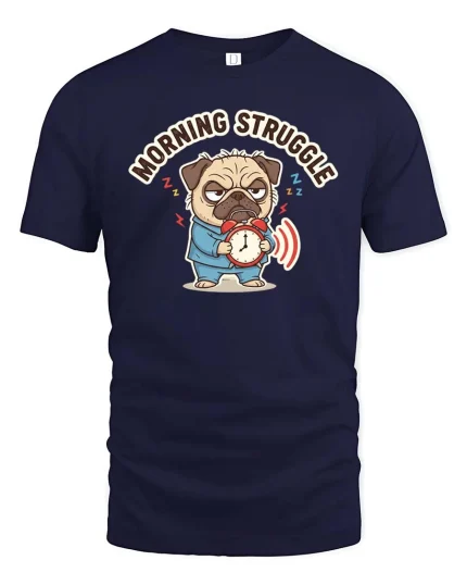 Morning Struggle Pug T-Shirt Funny Sleepy Dog Humor Tee - navy t-shirt on white background