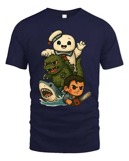 Retro Monster Mash Cartoon T-Shirt Funny Horror Icons - navy t-shirt on white background