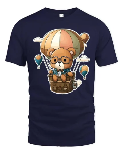 Cute Bear Balloon Adventure T-Shirt Cartoon Travel Tee - navy t-shirt on white background