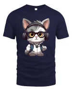 Cute DJ Cat Headphones T-Shirt Funny Music Lover Tee - navy t-shirt on white background
