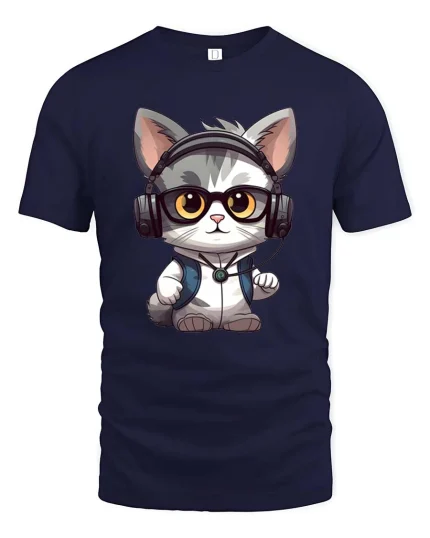 Cute DJ Cat Headphones T-Shirt Funny Music Lover Tee - navy t-shirt on white background