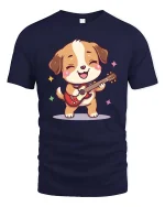 Cute Guitar Dog T-Shirt Funny Music Puppy Cartoon Tee - navy t-shirt on white background