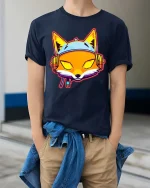 Neon Fox DJ Headphones T-Shirt Retro Streetwear Style - model wearing navy tee with hands in pockets