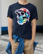 Colorful Skull Streetwear T-Shirt Urban Graffiti Style - model wearing navy tee with hands in pockets