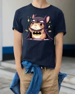 Cute Bat Hamster Hero T-Shirt Funny Animal Superhero Tee - model wearing navy tee with hands in pockets