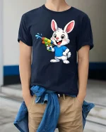 Cute Bunny Water Gun T-Shirt Funny Summer Animal Tee - model wearing navy tee with hands in pockets