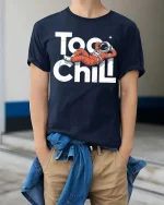 Too Chill Astronaut T-Shirt Funny Space Relax Graphic - model wearing navy tee with hands in pockets