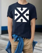 Abstract Arrow X Graphic T-Shirt Minimal Streetwear Tee - model wearing navy tee with hands in pockets